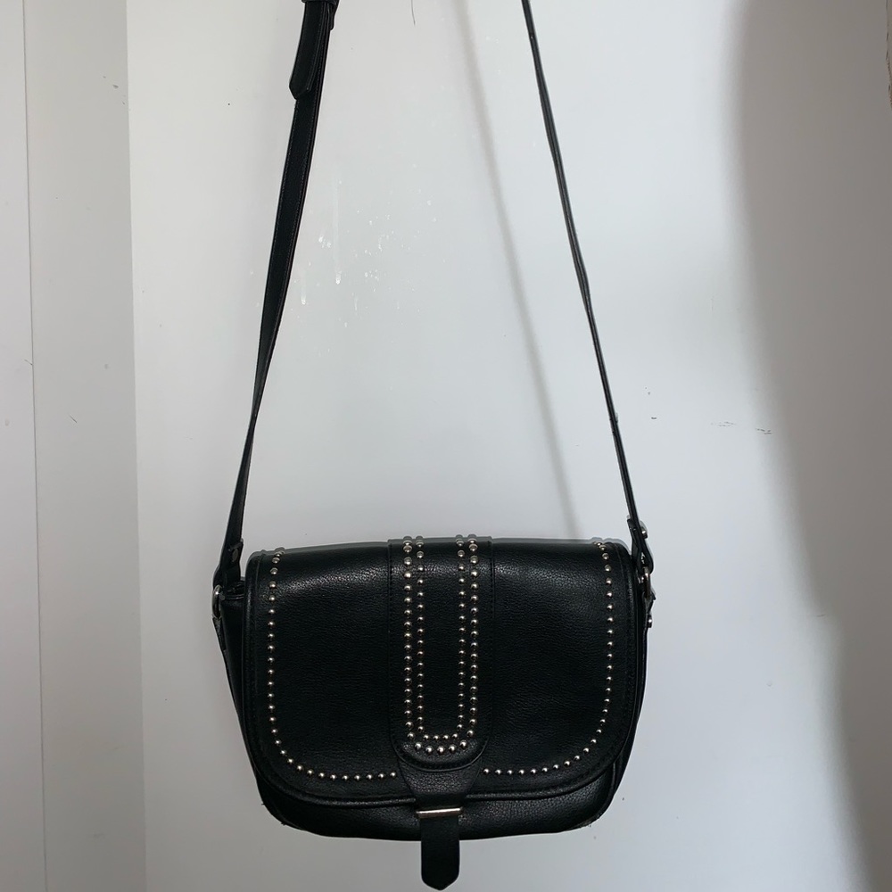 Black leather, medium sized, crossbody bag